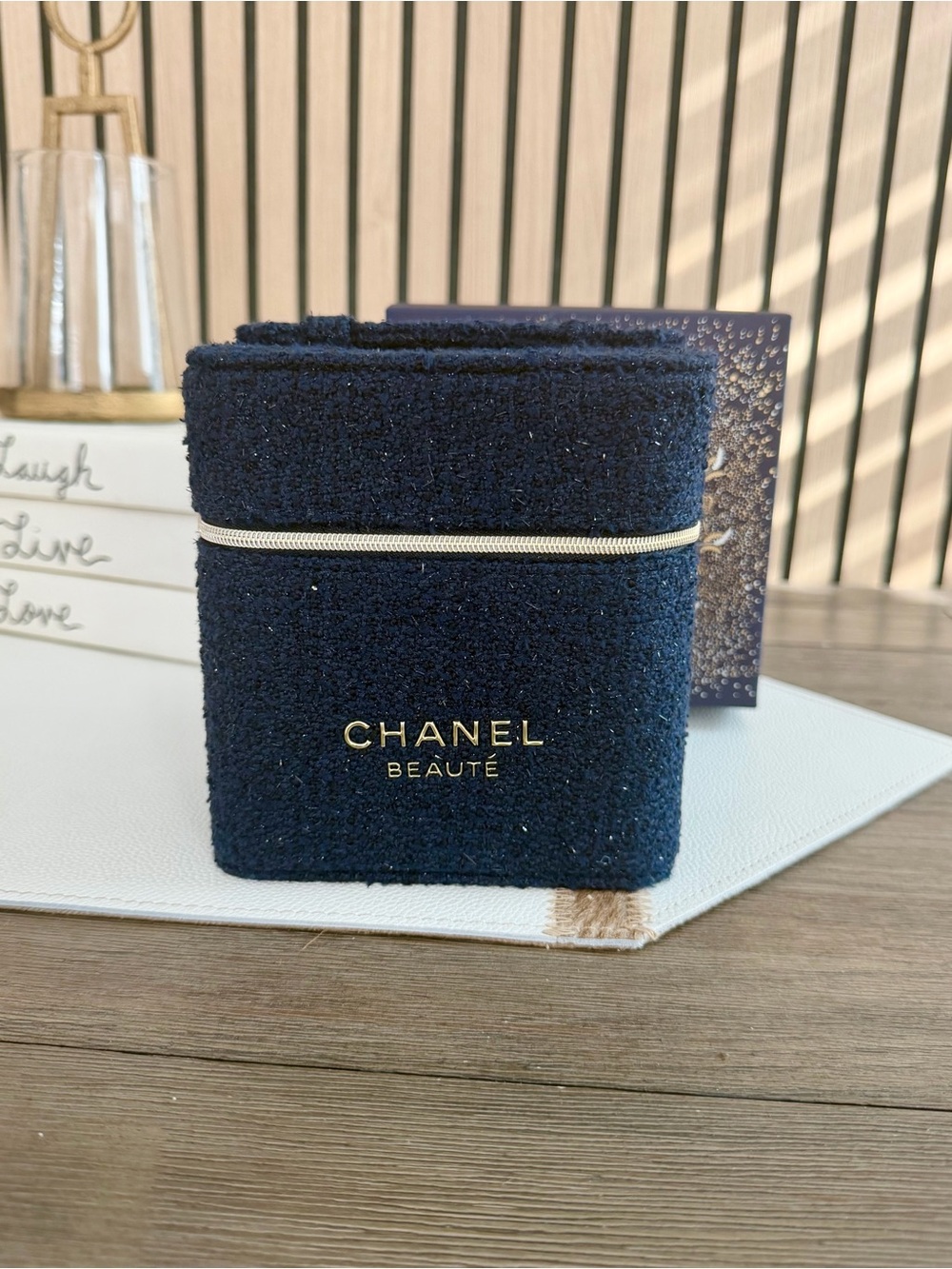 CHANEL Beauté Navy Cosmetic Travel Case with Gold Logo